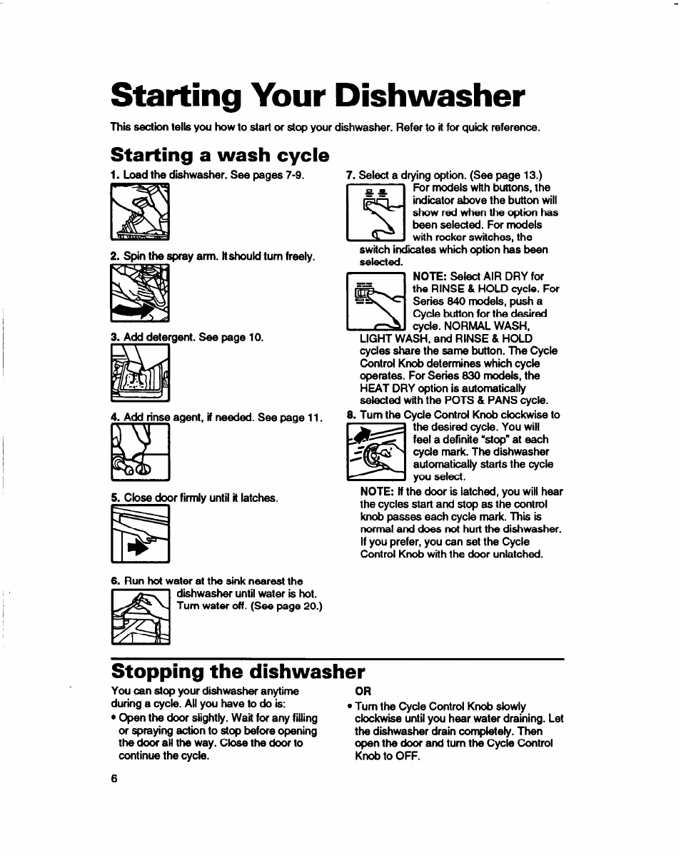 Starting a wash cycle, Stopping the dishwasher, Starting your dishwasher | Whirlpool 800 Series User Manual | Page 6 / 27