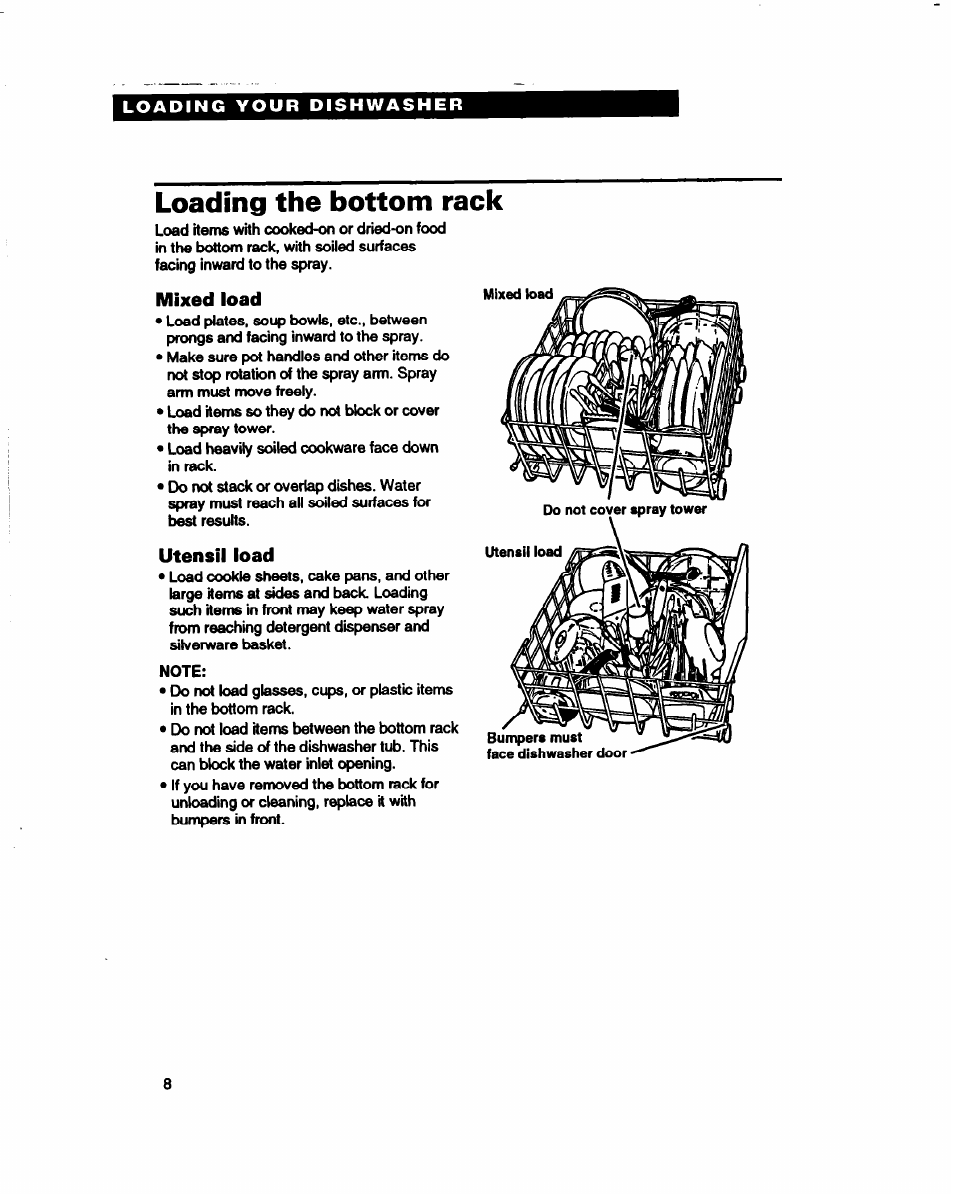 Loading the bottom rack, Mixed load, Utensil load | Whirlpool 800 Series User Manual | Page 8 / 27