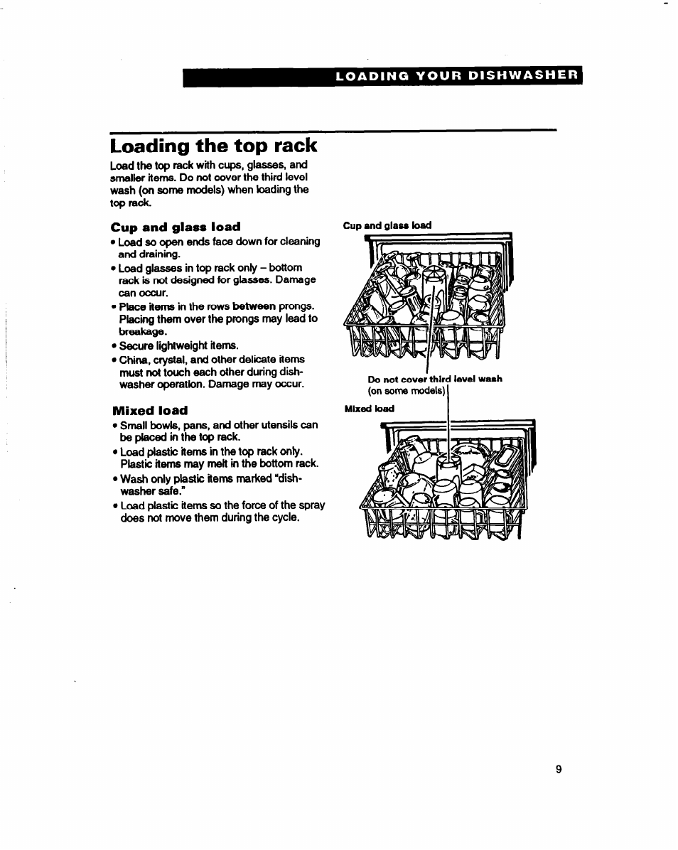 Loading the top rack, Cup and glass load, Mixed load | Whirlpool 800 Series User Manual | Page 9 / 27