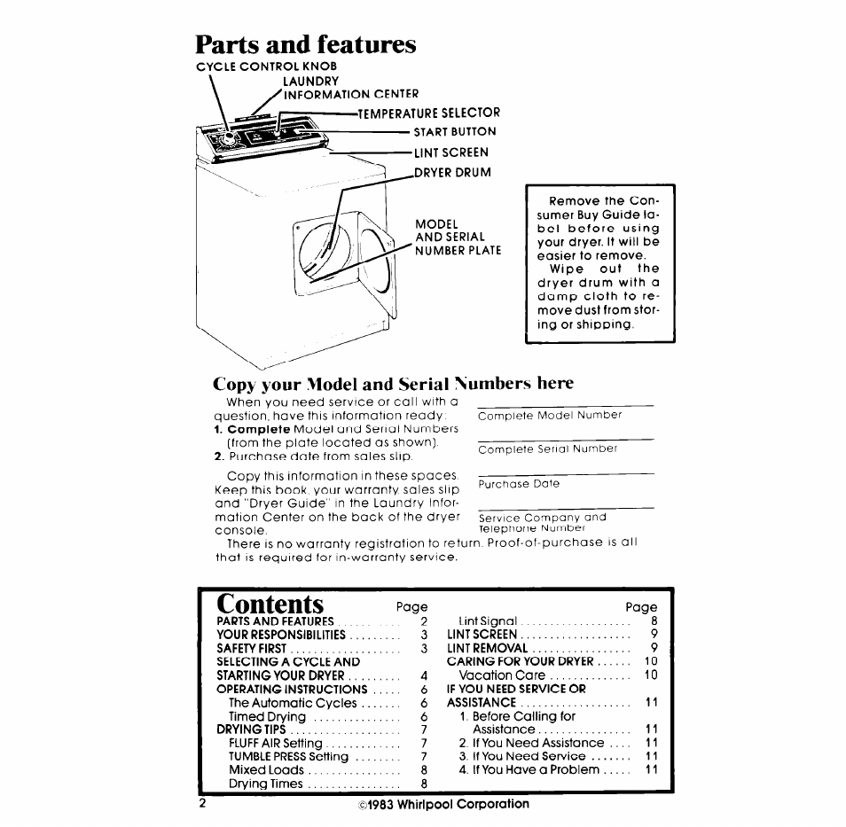 Parts and features, Copy your model and serial numbers here | Whirlpool Gas LG5791XM User Manual | Page 2 / 12