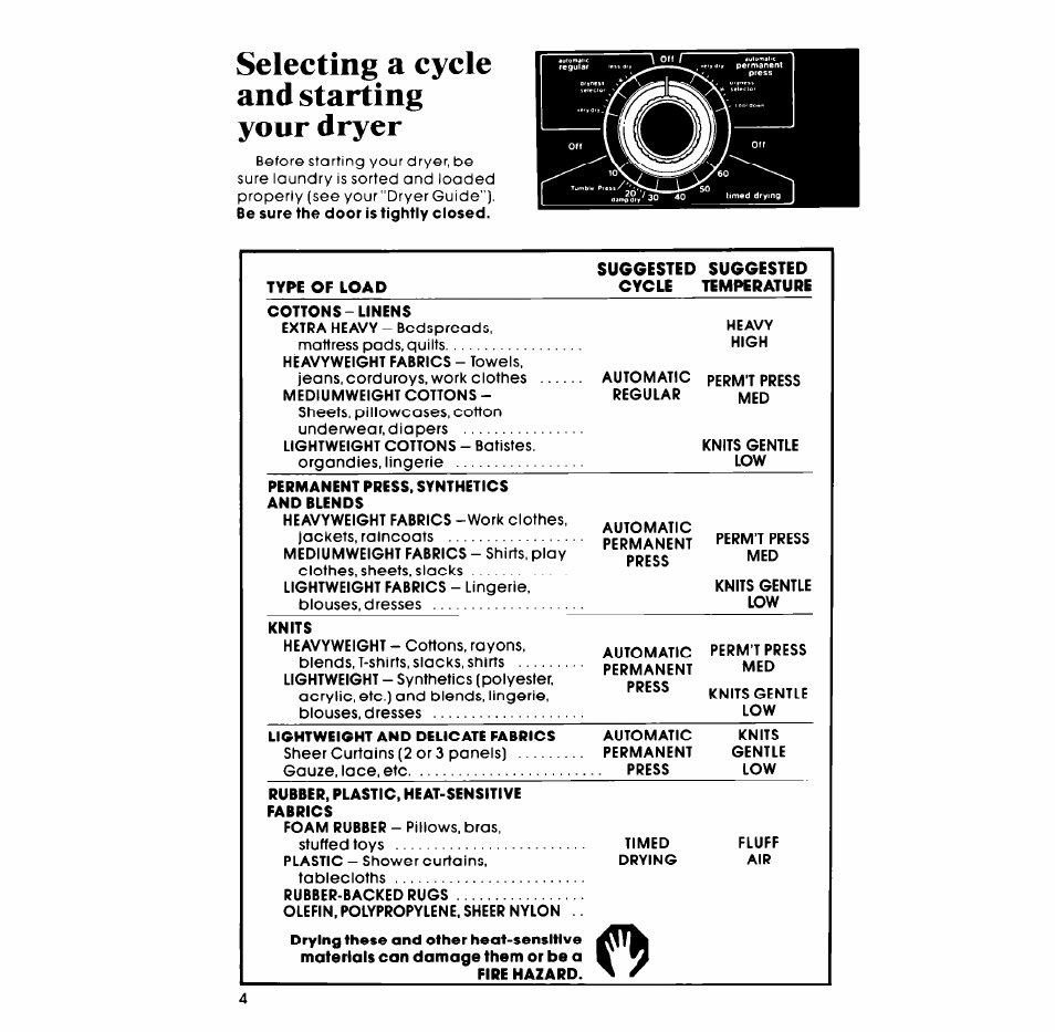 Selecting a cycle and starting your dryer | Whirlpool Gas LG5791XM User Manual | Page 4 / 12