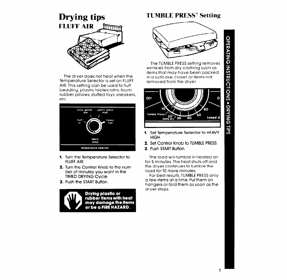 Drying tips, Fluff air, Tumble press® setting | Fluff air tumble press® setting | Whirlpool Gas LG5791XM User Manual | Page 7 / 12