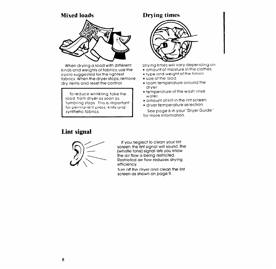 Mixed loads, Drying times, Mixed loads drying times | Lint signal | Whirlpool Gas LG5791XM User Manual | Page 8 / 12