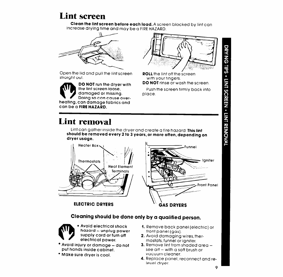 Lint screen, Lint removal | Whirlpool Gas LG5791XM User Manual | Page 9 / 12
