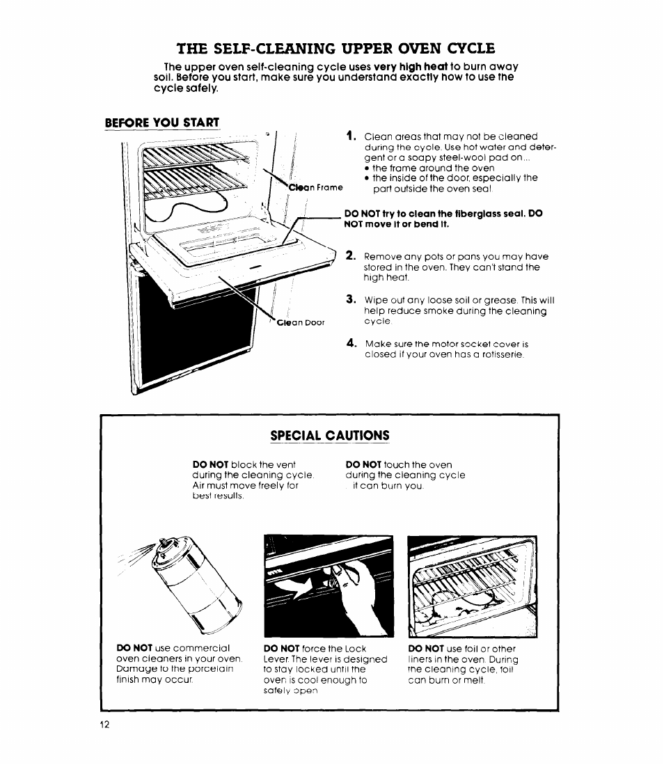 Before you start, Special cautions, The self-cleaning upper oven cycle | Whirlpool RB270PXK User Manual | Page 12 / 20