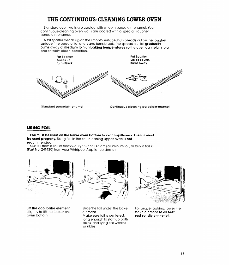 Using foil, The continuous-cleaning lower oven | Whirlpool RB270PXK User Manual | Page 15 / 20