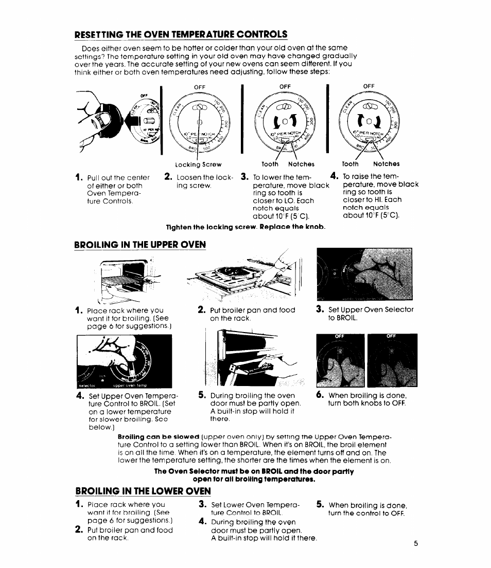 Resetting the oven temperature controls, Broiling in the upper oven, Broiling in the lower oven | Resetting oven temperature control | Whirlpool RB270PXK User Manual | Page 5 / 20