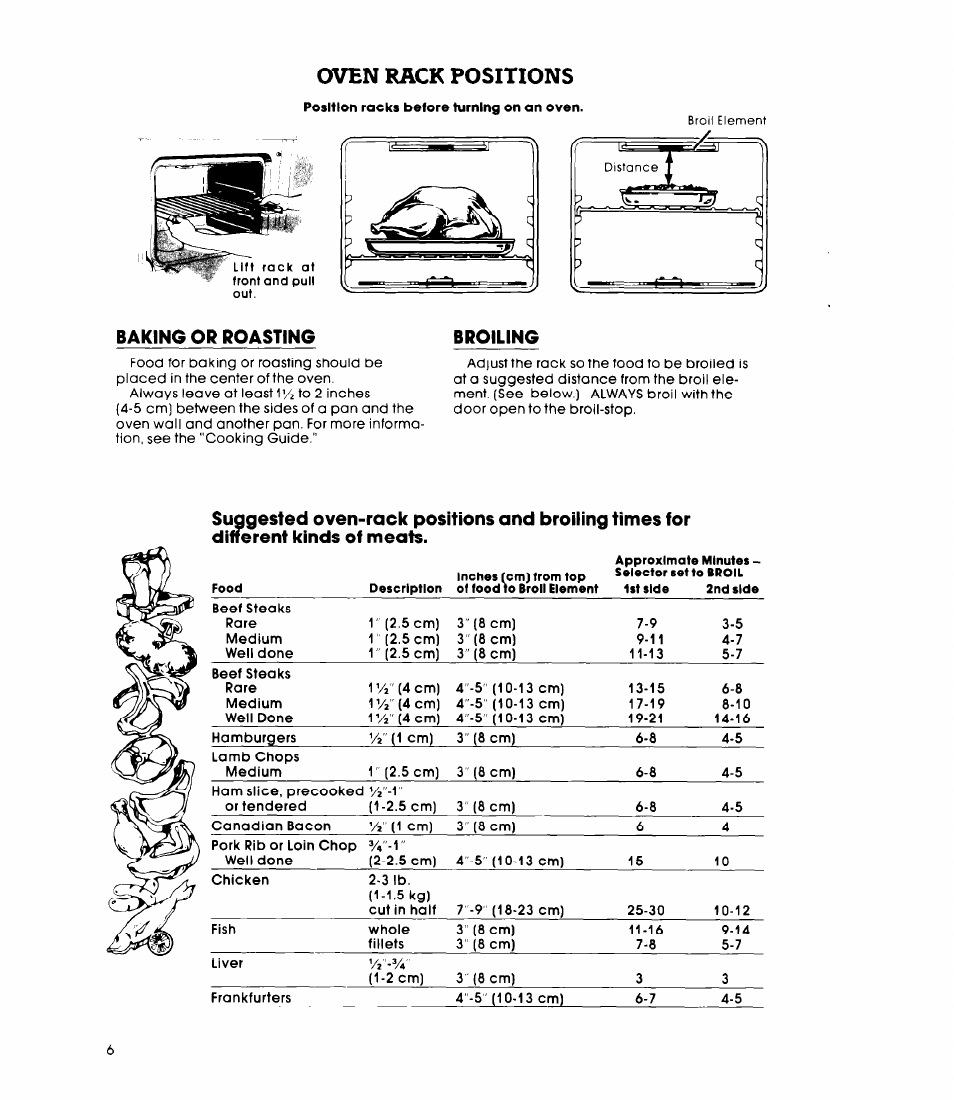 Baking or roasting, Broiling, Rack positions and broiiing times for meats | Oven rack positions | Whirlpool RB270PXK User Manual | Page 6 / 20