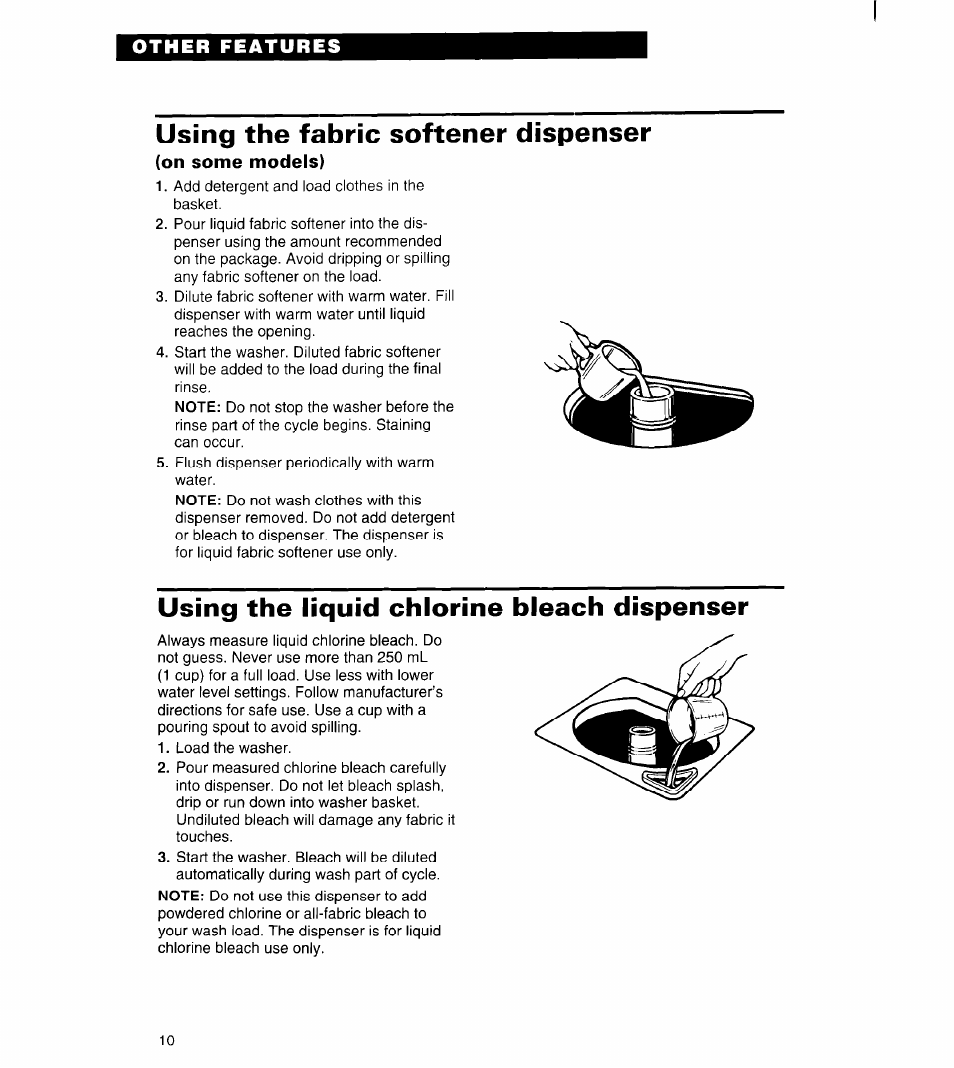 Using the fabric softener dispenser, On some models), Using the liquid chlorine bleach dispenser | Using the fabric softener dispenser..... io | Whirlpool 6LSC9255BQ0 User Manual | Page 10 / 23