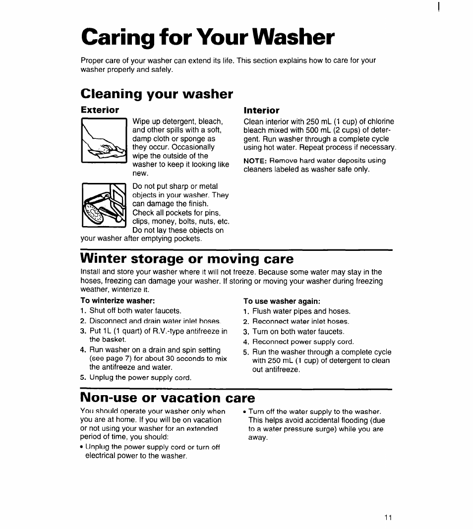 Caring for your washer, Cleaning your washer, Exterior | Interior, Winter storage or moving care, To winterize washer, Non-use or vacation care, Operating your washer | Whirlpool 6LSC9255BQ0 User Manual | Page 11 / 23