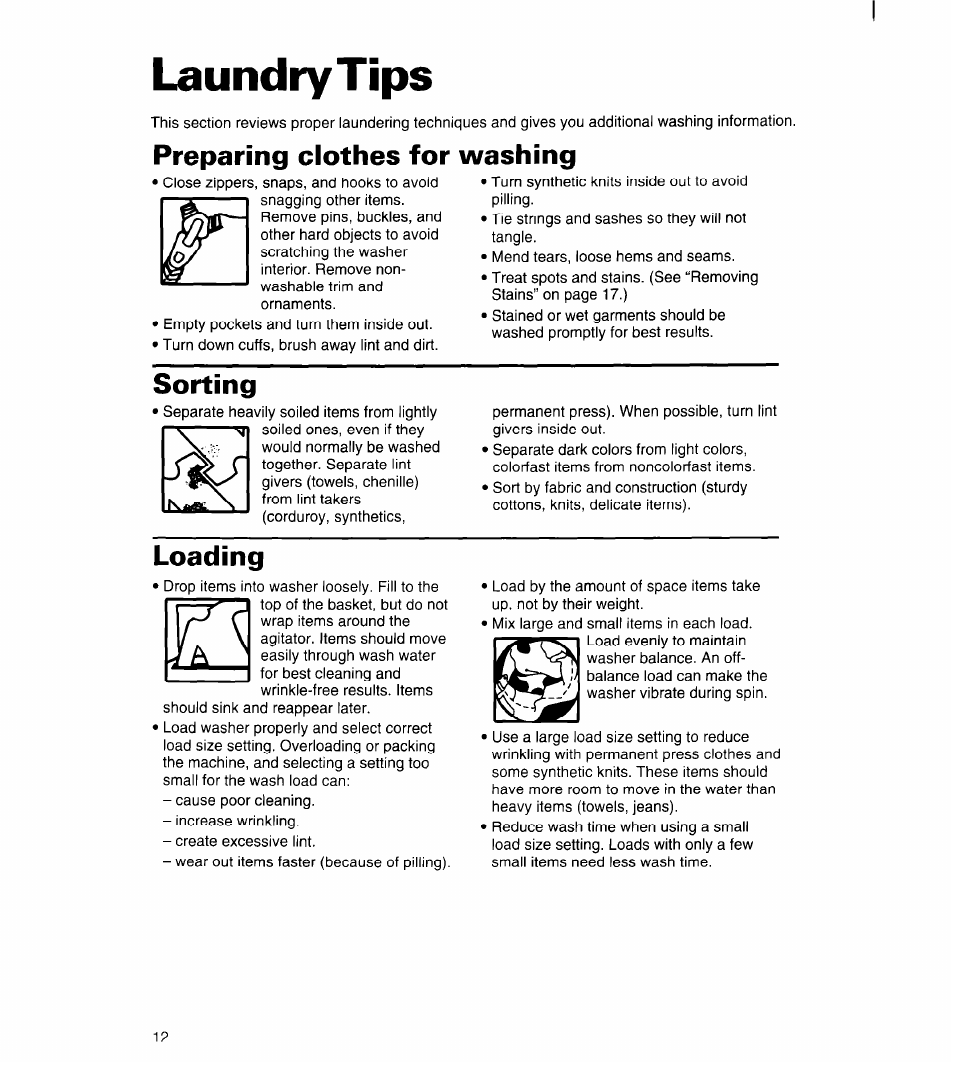 Laundry tips, Preparing clothes for washing, Sorting | Loading | Whirlpool 6LSC9255BQ0 User Manual | Page 12 / 23