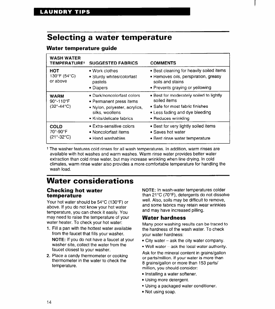 Selecting a water temperature, Water temperature guide, Water considerations | Checking hot water temperature, Water hardness | Whirlpool 6LSC9255BQ0 User Manual | Page 14 / 23