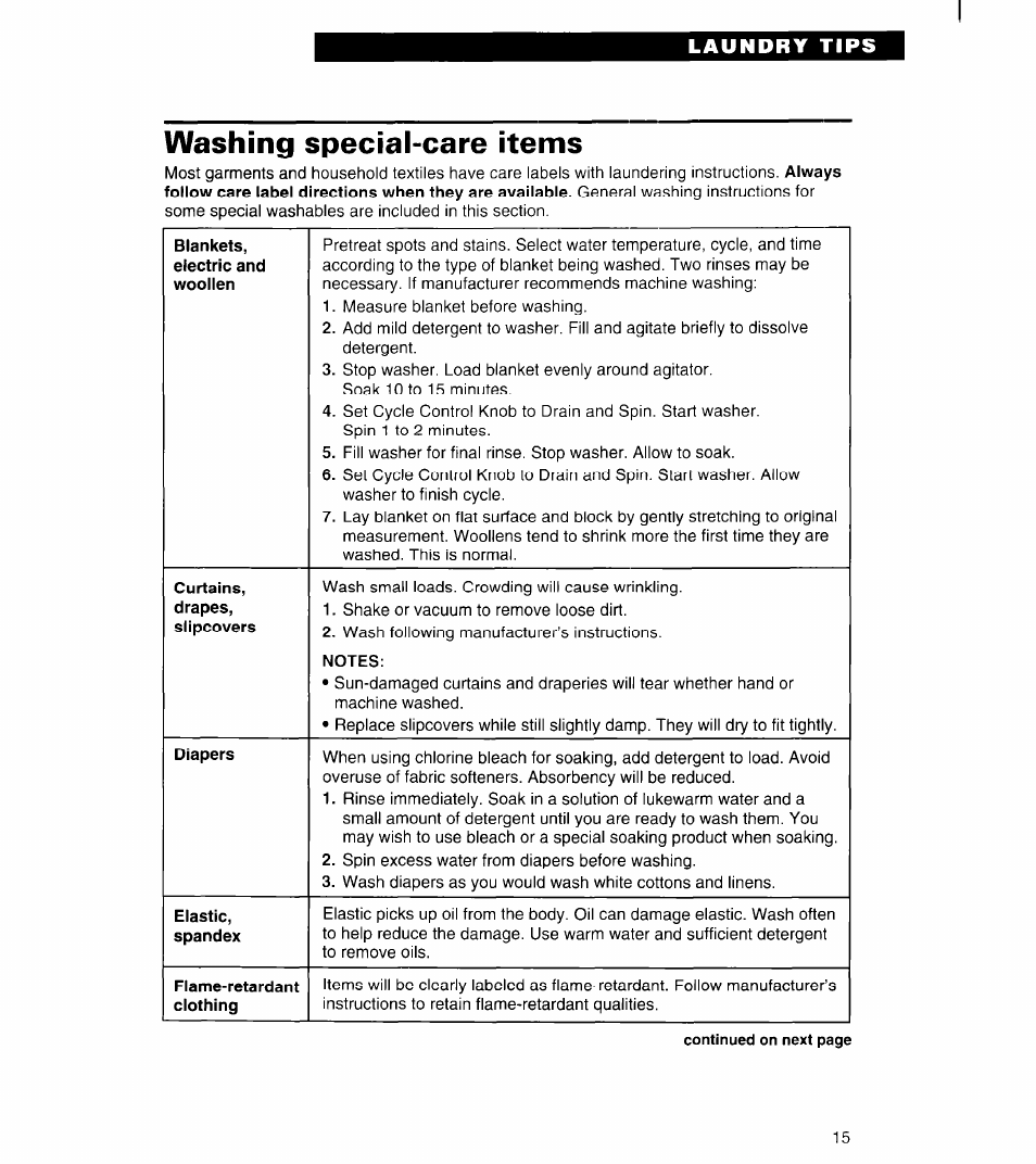 Washing special-care items, Curtains, Notes | Diapers, Elastic, Flame-retardant | Whirlpool 6LSC9255BQ0 User Manual | Page 15 / 23