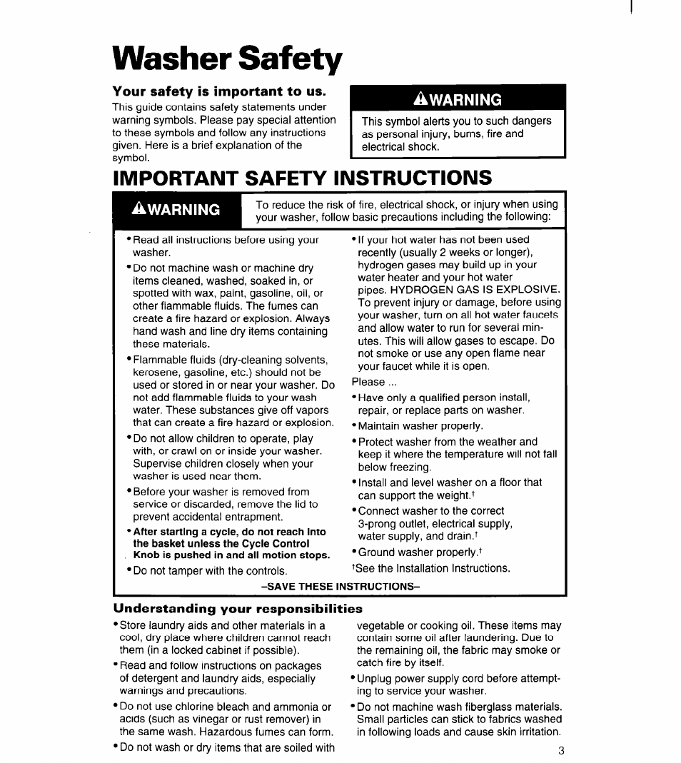 Washer safety, Your safety is important to us, Instructions | Understanding your responsibilities, Important safety instructions | Whirlpool 6LSC9255BQ0 User Manual | Page 3 / 23