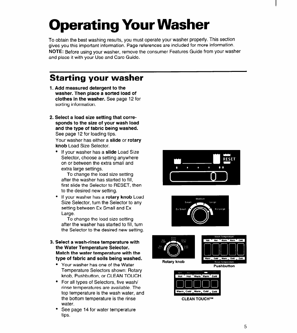 Operating your washer, Starting your washer, Operating your | Washer | Whirlpool 6LSC9255BQ0 User Manual | Page 5 / 23