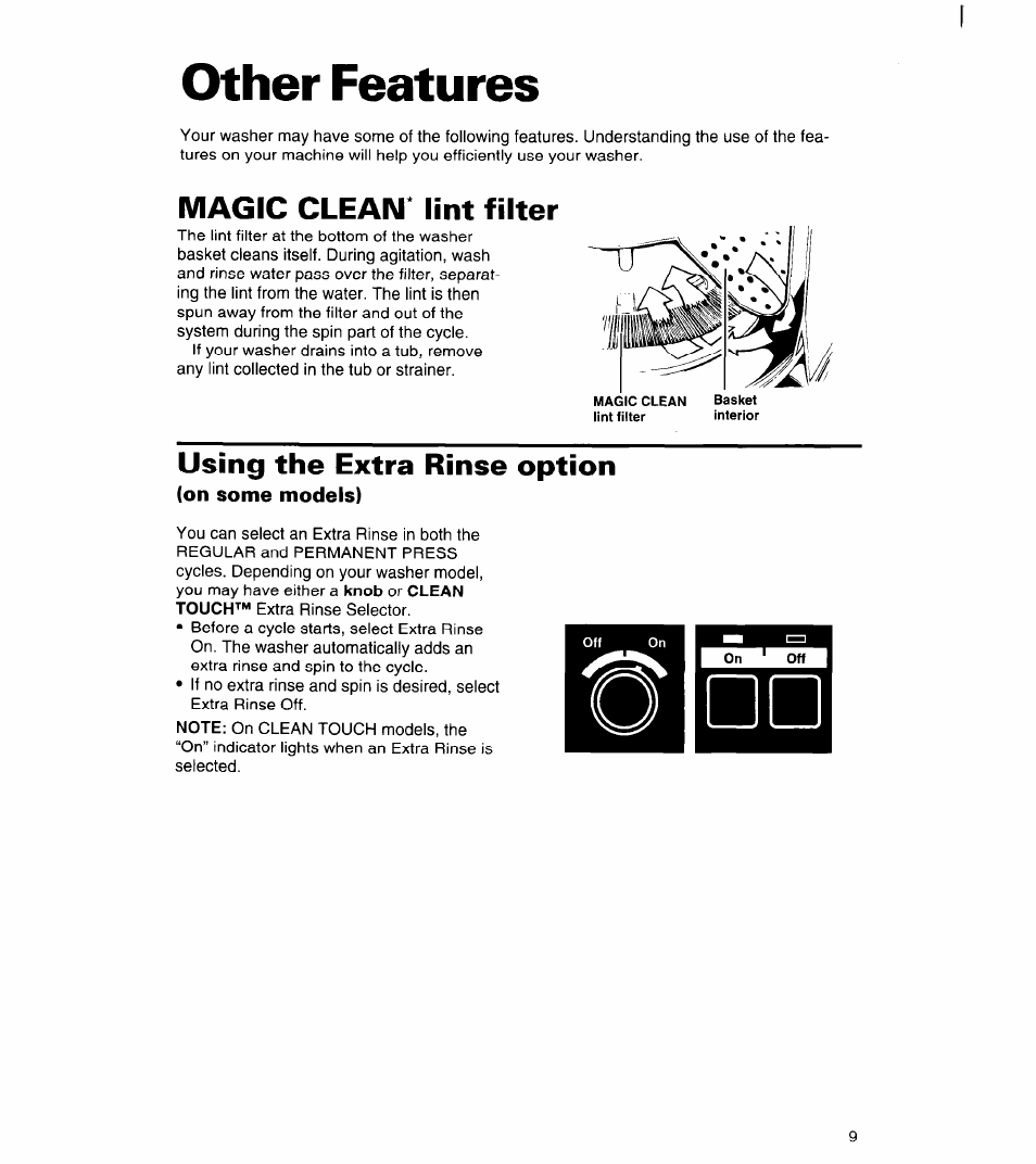 Other features, Magic clean' lint filter, Using the extra rinse option | On some models) | Whirlpool 6LSC9255BQ0 User Manual | Page 9 / 23