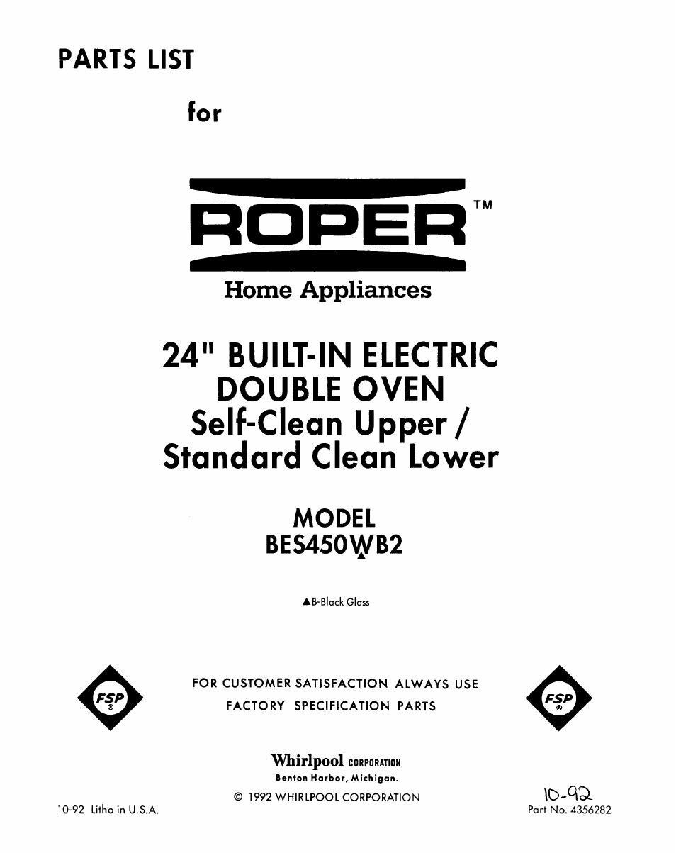 Whirlpool BES450WB2 User Manual | 18 pages