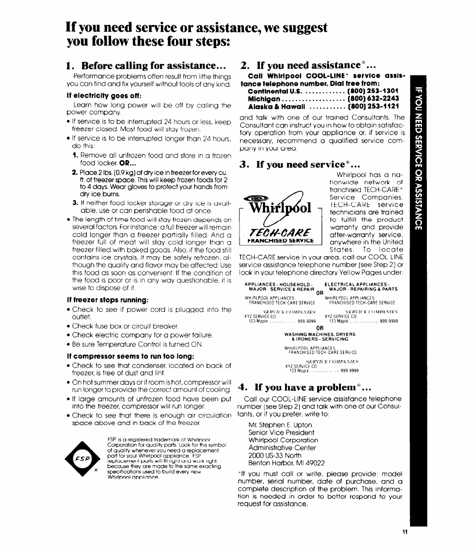 Before calling for assistance, If you need assistance, If you need service | If you have a problem, 1, before calling for assistance, Whirlpool | Whirlpool EV150F User Manual | Page 11 / 12