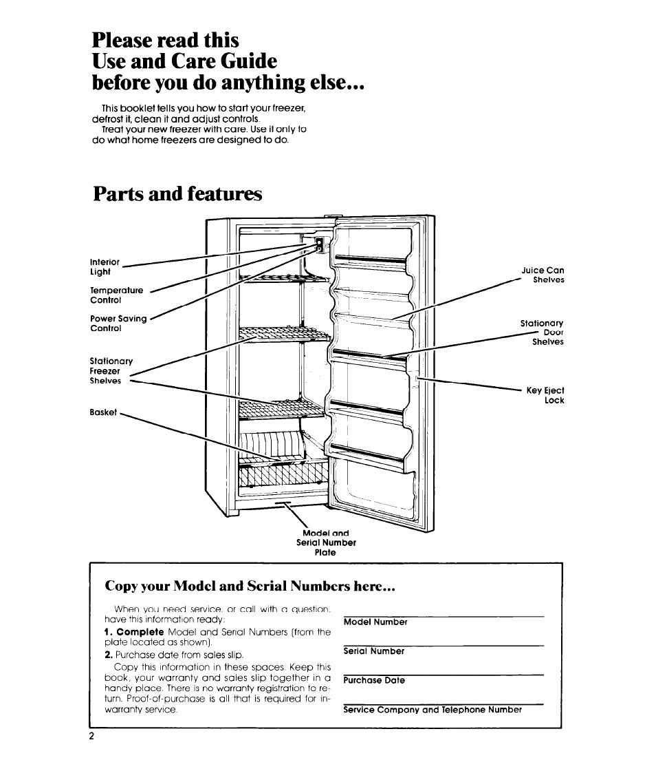 Please read this, Use and care guide, Before you do anything else | Copy your model and serial numbers here, Parts and features | Whirlpool EV150F User Manual | Page 2 / 12