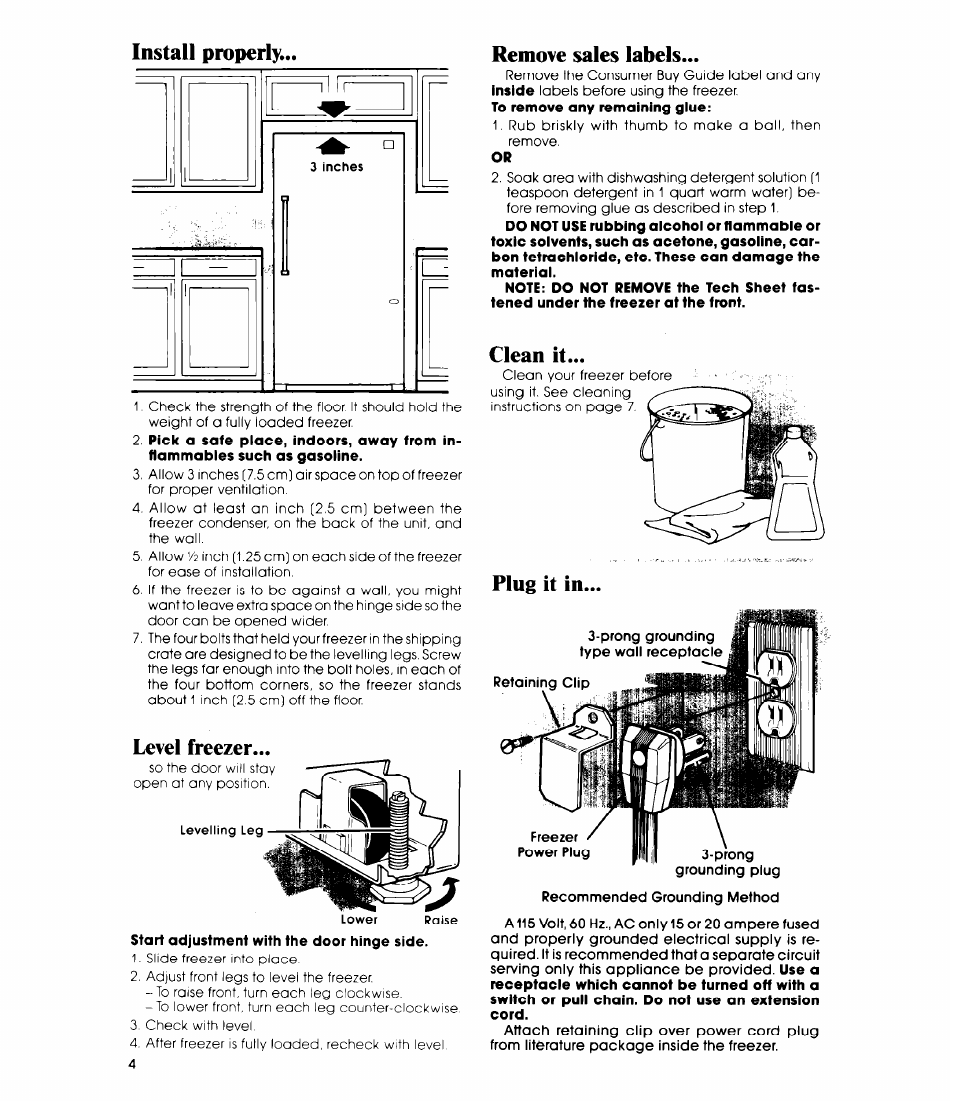 Install properly, Remove sales labels, Clean it | Plug it in, Remove sales labels clean it plug it in, Level freezer | Whirlpool EV150F User Manual | Page 4 / 12