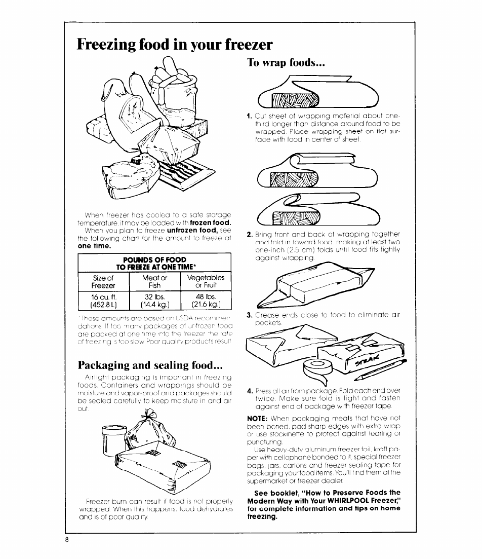 Freezing food in your freezer, To wrap foods, Packaging and sealing food | Whirlpool EV150F User Manual | Page 8 / 12