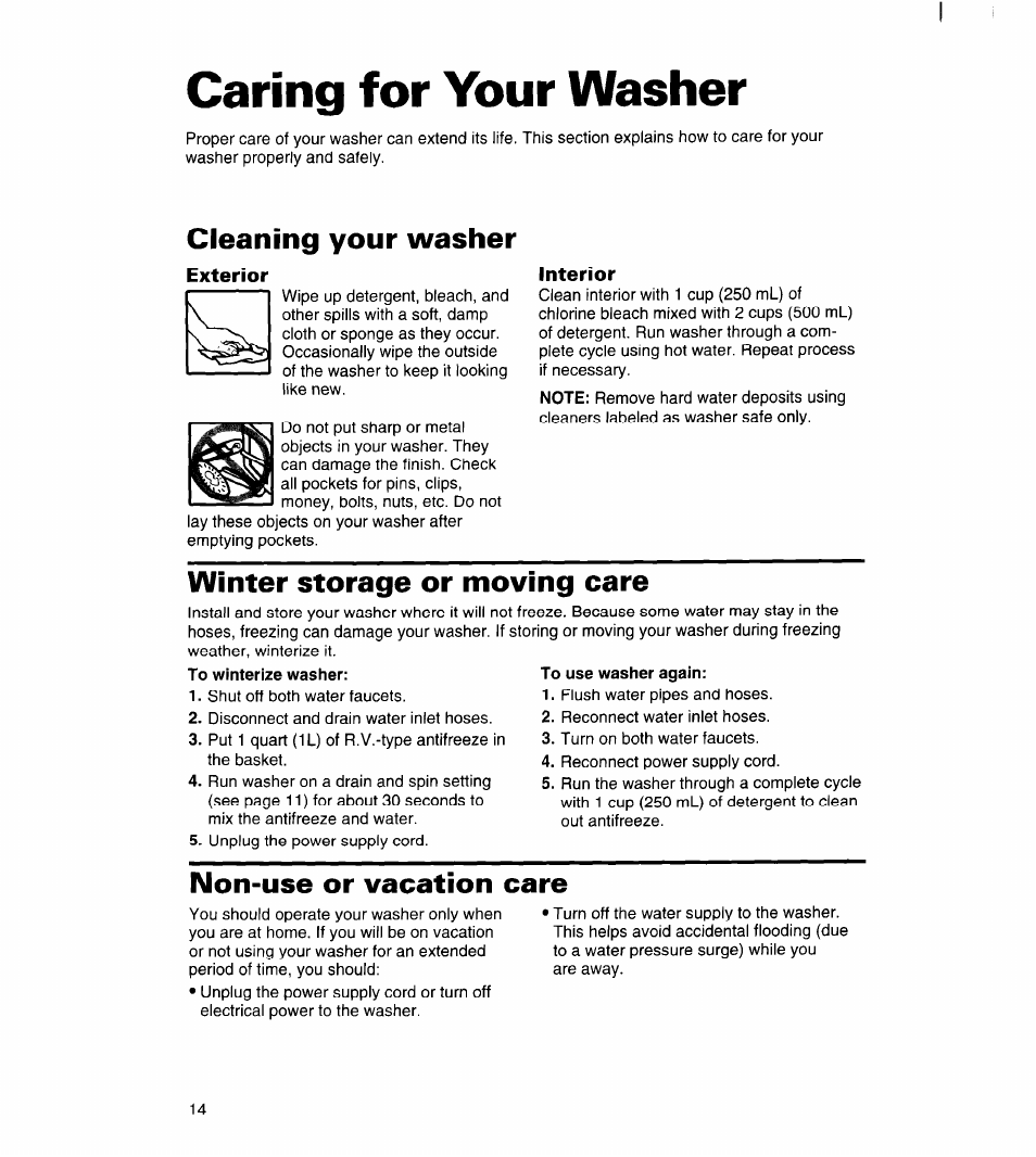 Caring for your washer, Cleaning your washer, Exterior | Interior, Winter storage or moving care, To winterize washer, Non-use or vacation care | Whirlpool 7LSC9355BN0 User Manual | Page 14 / 26