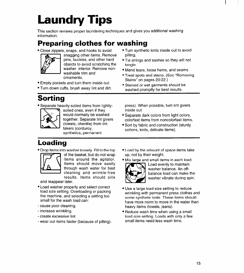 Laundry tips, Preparing clothes for washing, Sorting | Loading | Whirlpool 7LSC9355BN0 User Manual | Page 15 / 26
