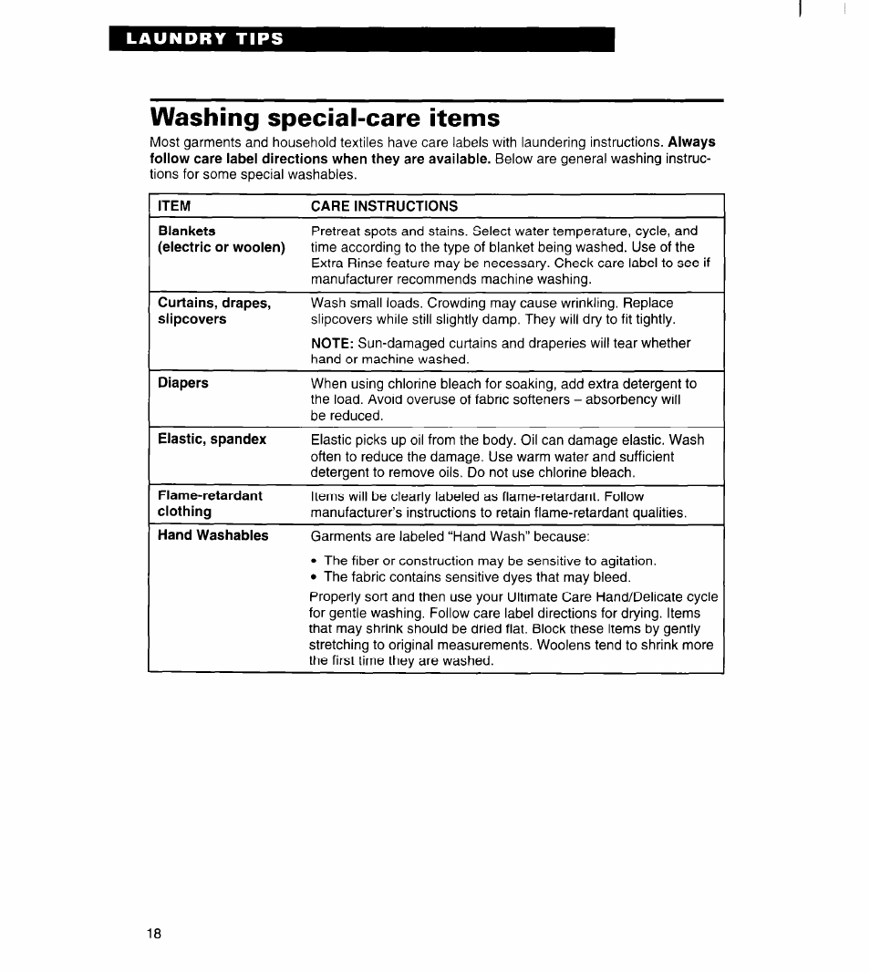 Washing special-care items | Whirlpool 7LSC9355BN0 User Manual | Page 18 / 26
