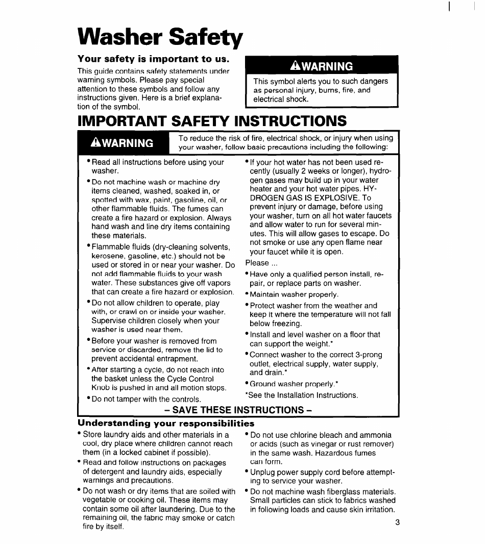 Washer safety, Your safety is important to us, Important safety instructions | Understanding your responsibilities, Save these instructions | Whirlpool 7LSC9355BN0 User Manual | Page 3 / 26