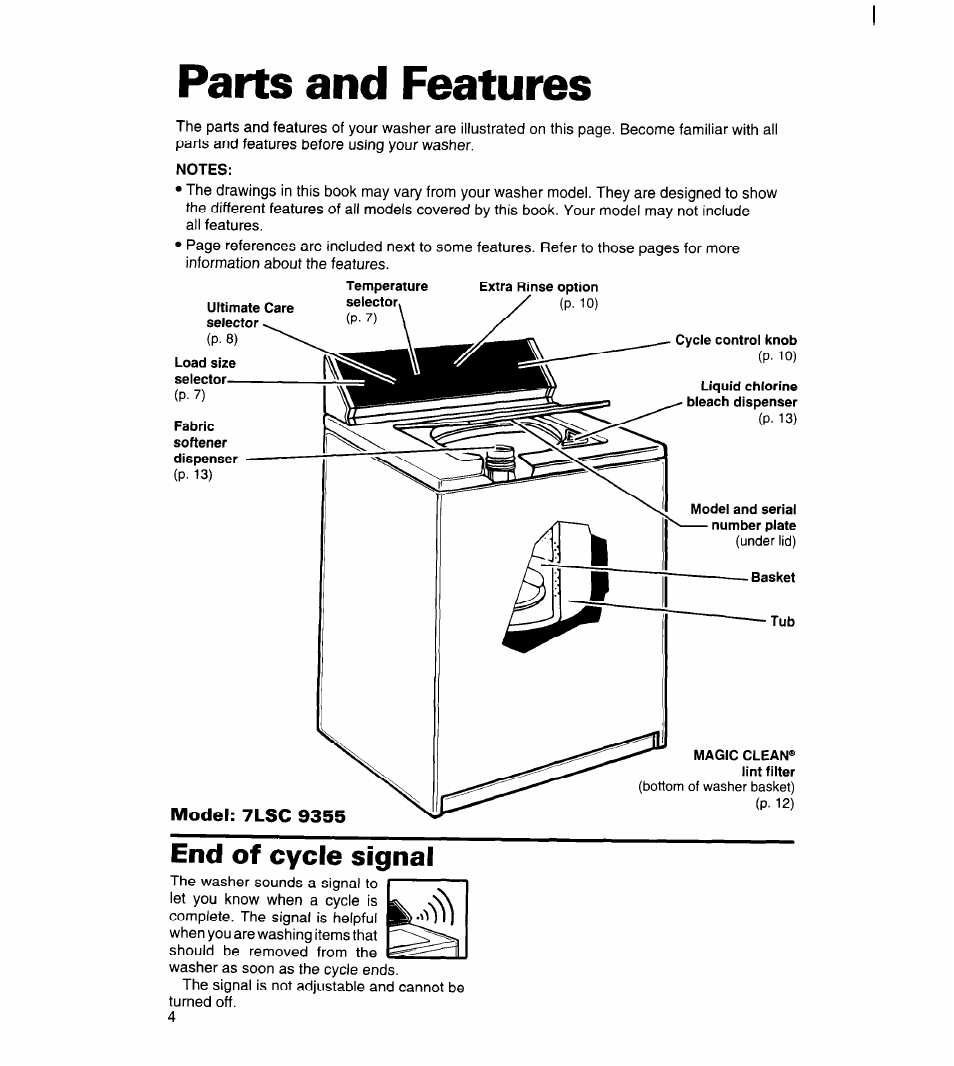 Parts and features, Notes, End of cycle signal | Whirlpool 7LSC9355BN0 User Manual | Page 4 / 26