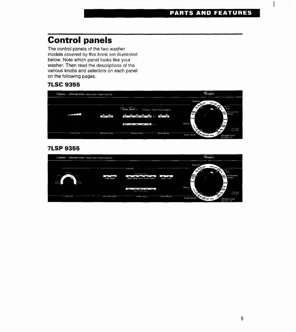 Parts and features, Control panels, 7lsc 9355 | 7lsp 9355 | Whirlpool 7LSC9355BN0 User Manual | Page 5 / 26