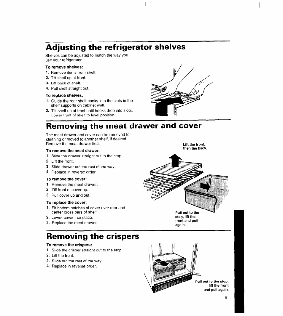 Adjusting the refrigerator shelves, Removing the meat drawer and cover, Removing the crispers | Whirlpool 8ET18NK User Manual | Page 10 / 22