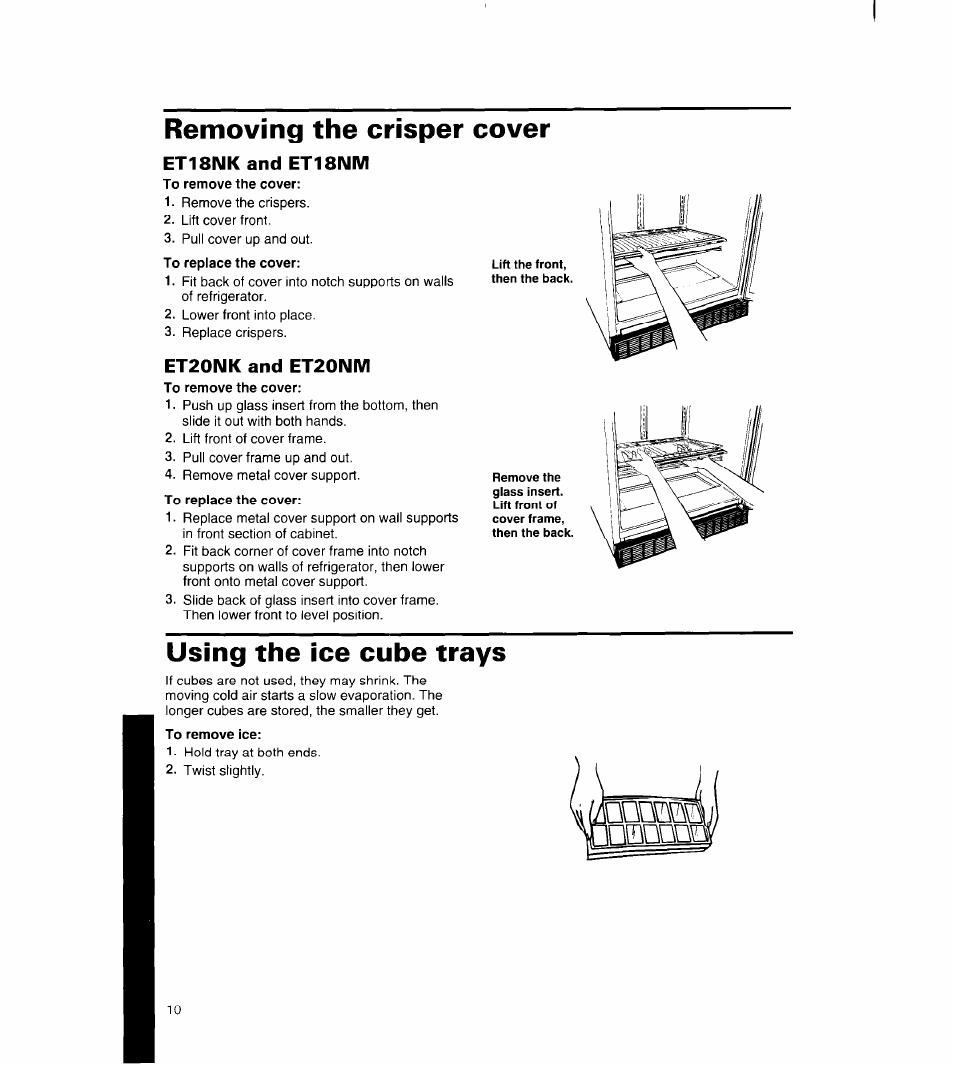 Removing the crisper cover, Et18nk and et18nm, Et20nk and et20nm | Using the ice cube trays, Dqce | Whirlpool 8ET18NK User Manual | Page 11 / 22