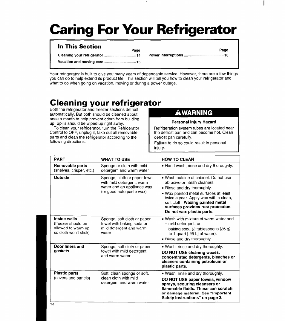 Caring for your refrigerator, Cleaning your refrigerator, Awarning | Whirlpool 8ET18NK User Manual | Page 15 / 22