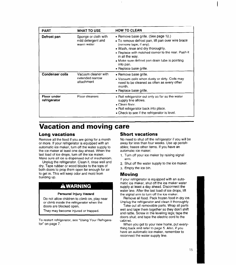 Vacation and moving care, Long vacations, Short vacations | Moving, Warning | Whirlpool 8ET18NK User Manual | Page 16 / 22