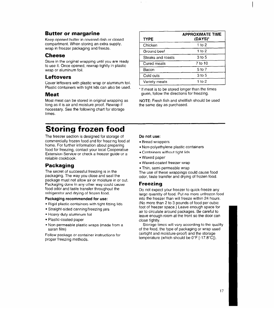 Butter or margarine, Cheese, Leftovers | Meat, Storing frozen food, Packaging, Freezing | Whirlpool 8ET18NK User Manual | Page 18 / 22