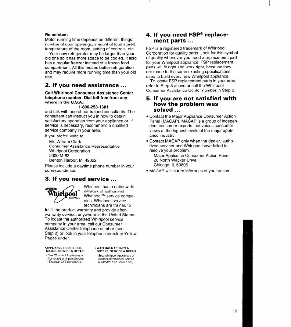 If you need assistance, If you need service, If you need fsp® replacement parts | Whiilp<iol, If you need fsp® replace­ ment parts | Whirlpool 8ET18NK User Manual | Page 20 / 22