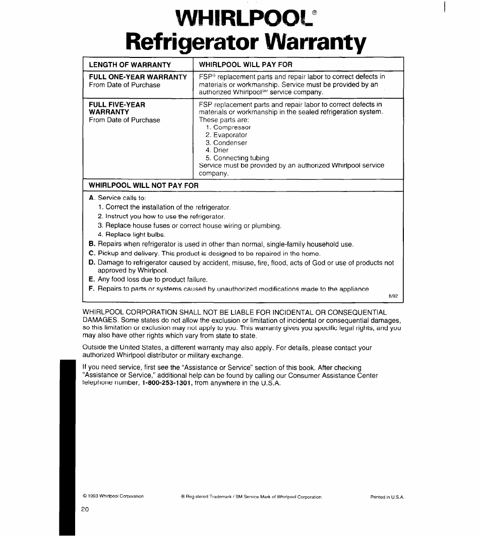 Whirlpool* refrigerator warranty | Whirlpool 8ET18NK User Manual | Page 21 / 22