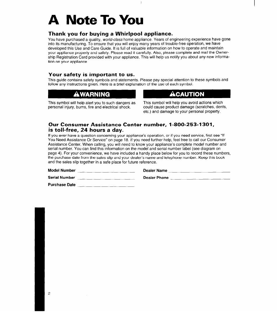 A note to you, Thank you for buying a whirlpool appliance, Your safety is important to us | Awarning | Whirlpool 8ET18NK User Manual | Page 3 / 22