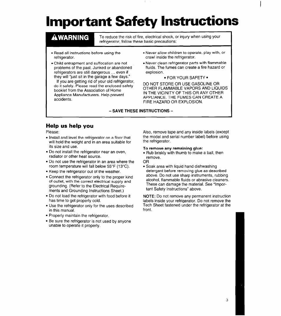 Important safety instructions, Help us help you, Awarning | Whirlpool 8ET18NK User Manual | Page 4 / 22