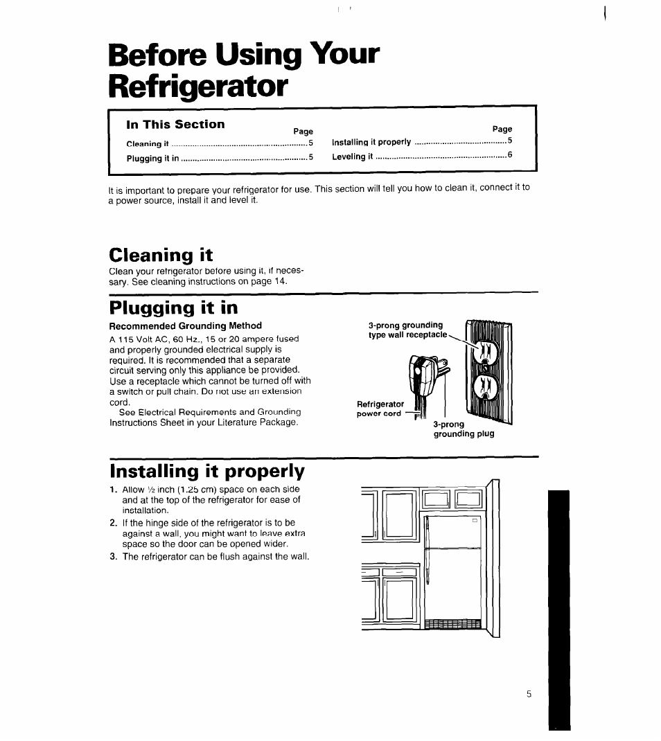 Before using your refrigerator, Cleaning it, Plugging it in | Installing it properly | Whirlpool 8ET18NK User Manual | Page 6 / 22