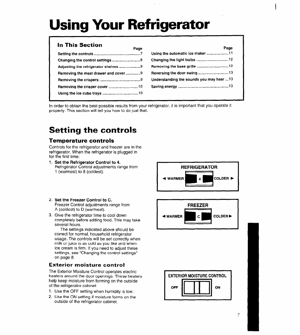 Using your refrigerator, Setting the controls, Temperature controls | Exterior moisture control | Whirlpool 8ET18NK User Manual | Page 8 / 22