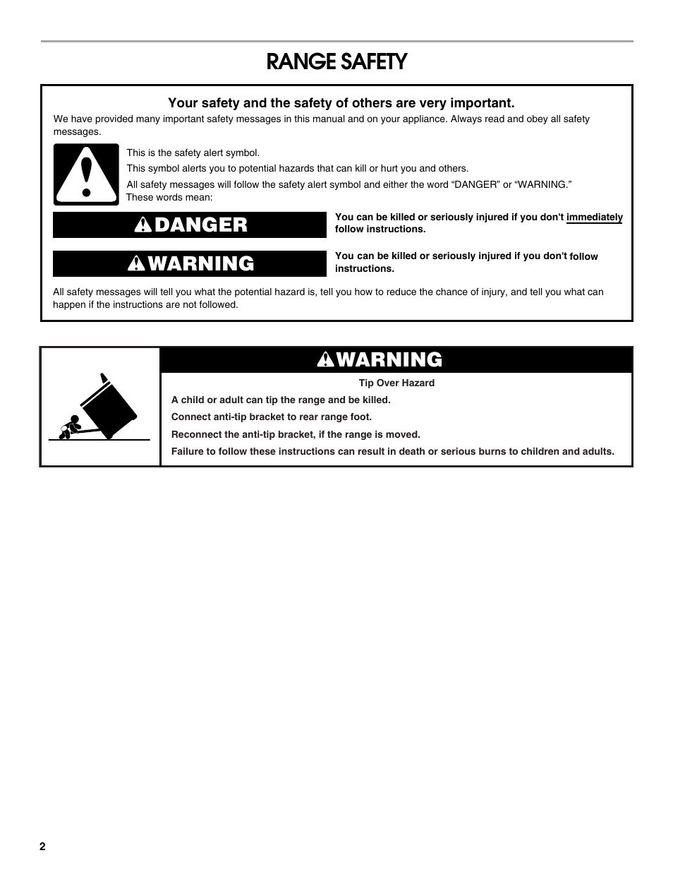 Range safety, Danger warning warning | Whirlpool Drop-In Electric Range User Manual | Page 2 / 8