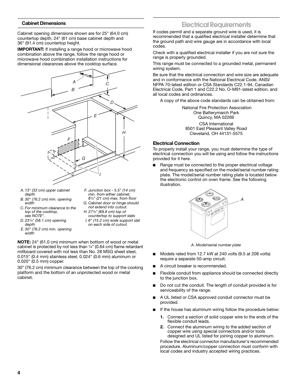 Electrical requirements | Whirlpool Drop-In Electric Range User Manual | Page 4 / 8