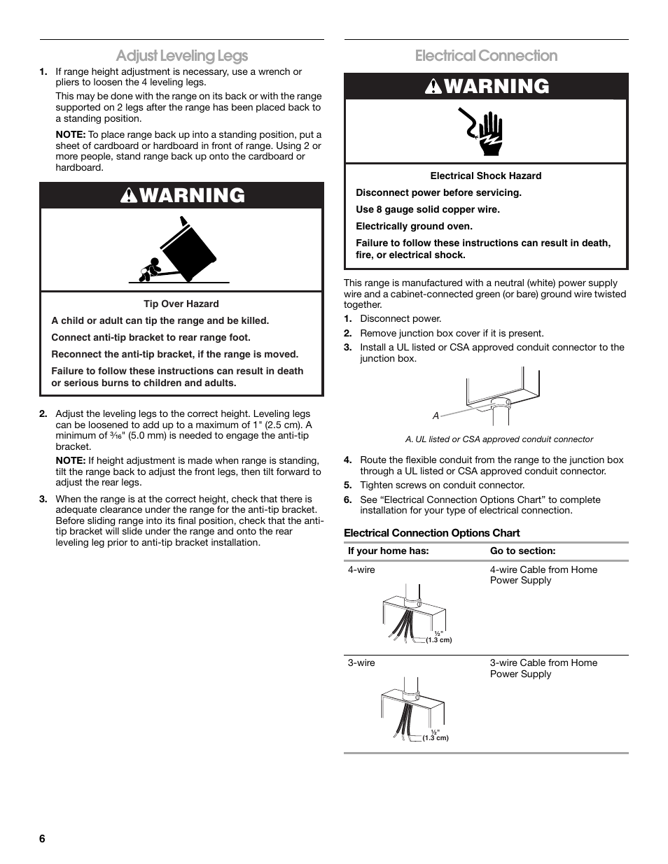 Warning, Adjust leveling legs, Electrical connection | Whirlpool Drop-In Electric Range User Manual | Page 6 / 8