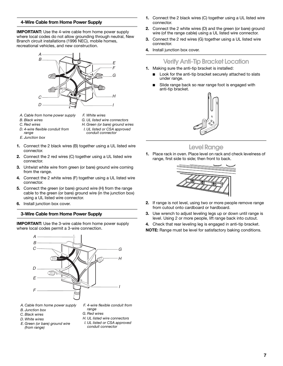 Verify anti-tip bracket location, Level range | Whirlpool Drop-In Electric Range User Manual | Page 7 / 8