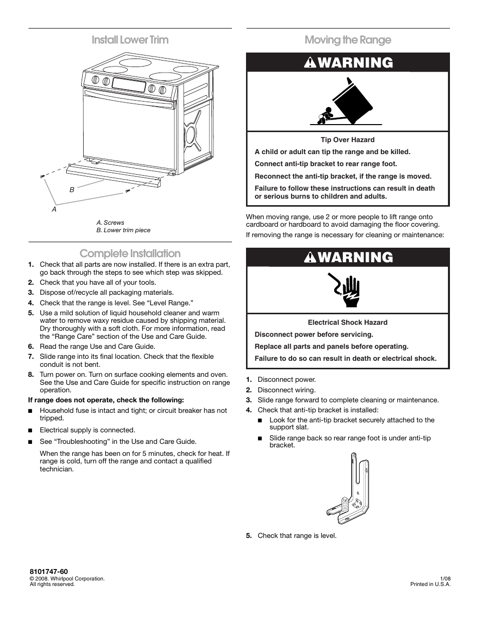 Warning, Install lower trim complete installation, Moving the range | Whirlpool Drop-In Electric Range User Manual | Page 8 / 8