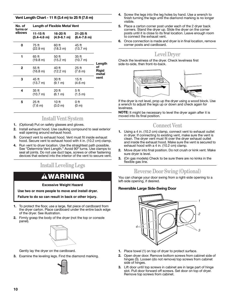 Warning, Install vent system, Install leveling legs | Level dryer, Connect vent, Reverse door swing (optional) | Whirlpool 8535899 User Manual | Page 10 / 24