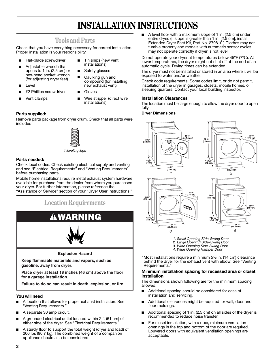 Installation instructions, Warning, Tools and parts | Location requirements | Whirlpool 8535899 User Manual | Page 2 / 24