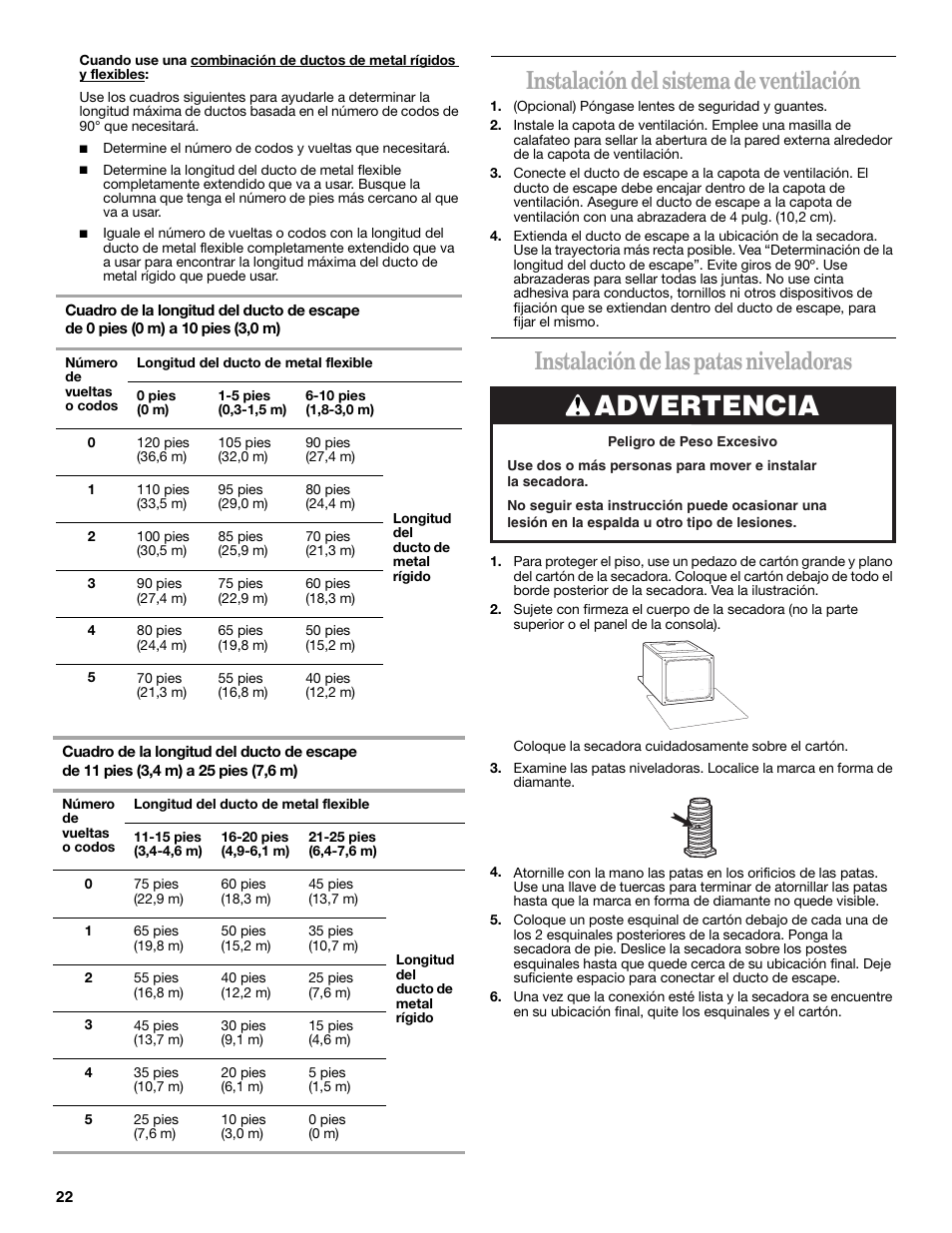 Advertencia, Instalación del sistema de ventilación, Instalación de las patas niveladoras | Whirlpool 8535899 User Manual | Page 22 / 24